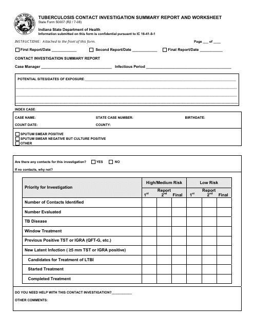 State Form 50007 Tuberculosis Contact Investigation Summary Report and Worksheet - Indiana