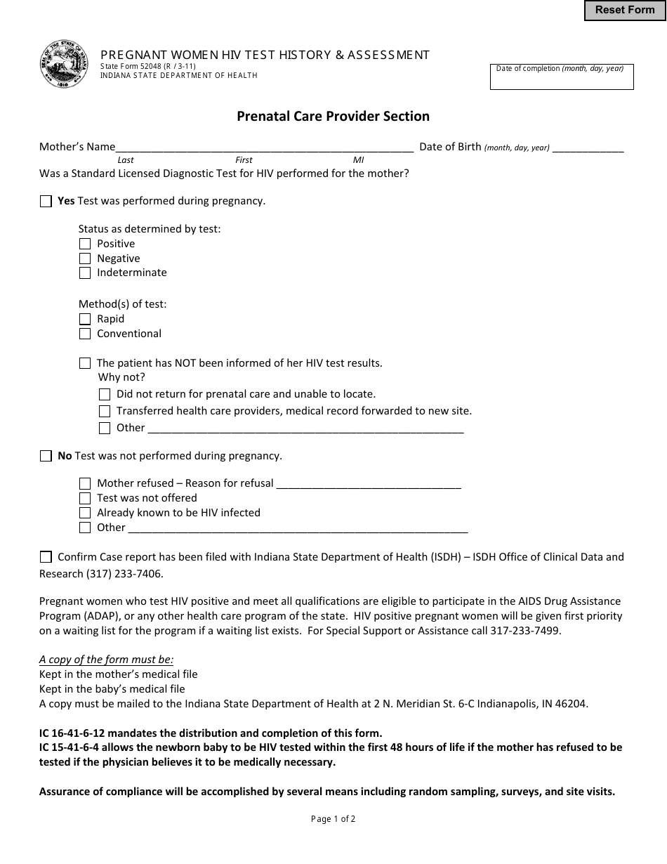 State Form 52048 Pregnant Women HIV Test History  Assessment - Indiana, Page 1