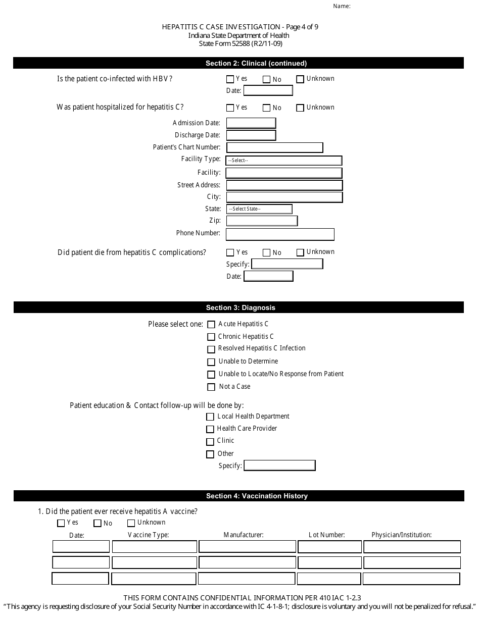 State Form 52588 Hepatitis C Case Investigation - Indiana, Page 4