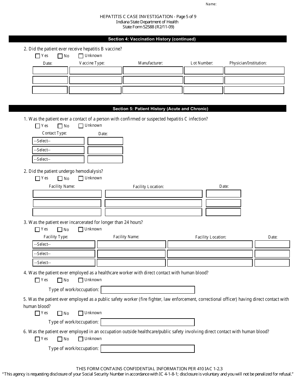 State Form 52588 Hepatitis C Case Investigation - Indiana, Page 5