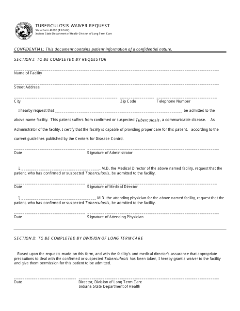 State Form 46595 Tuberculosis Waiver Request - Indiana