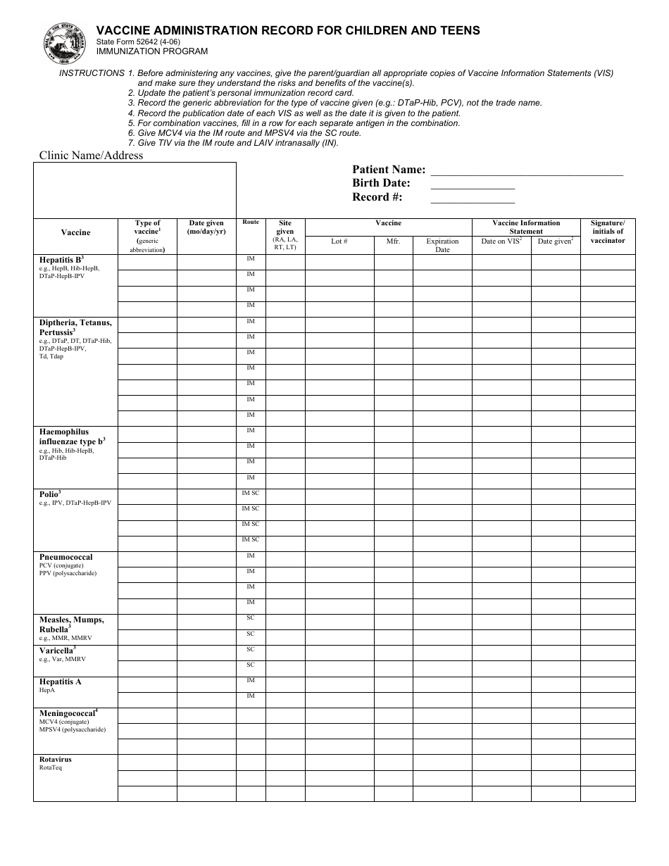 State Form 52642 Vaccine Administration Record for Children and Teens - Indiana, Page 1