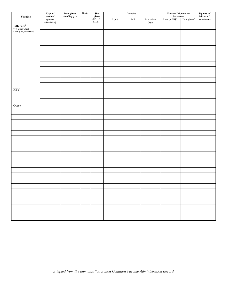 State Form 52642 Vaccine Administration Record for Children and Teens - Indiana, Page 2