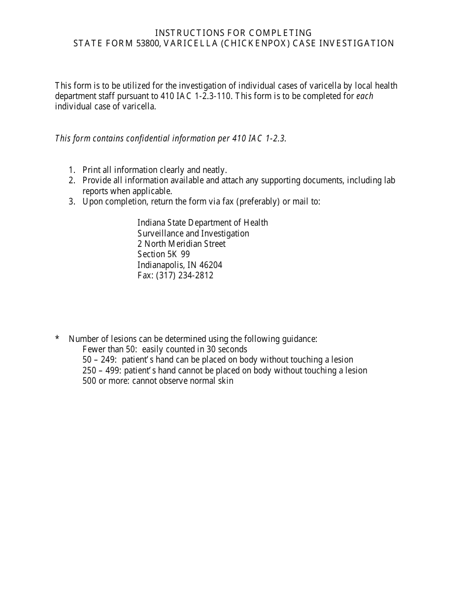 State Form 53800 Varicella (Chickenpox) Case Investigation - Indiana, Page 2