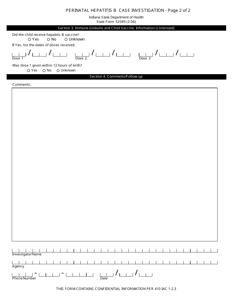 State Form 52589 Perinatal Hepatitis B Case Investigation - Indiana, Page 2