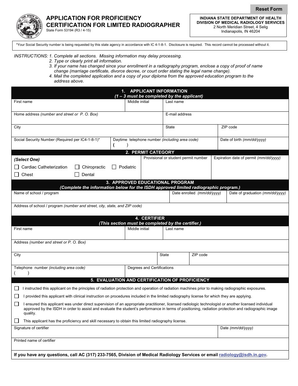 State Form 53194 Application for Proficiency Certification for Limited Radiographer - Indiana, Page 1