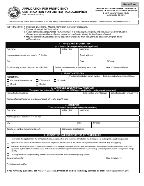 State Form 53194 Application for Proficiency Certification for Limited Radiographer - Indiana