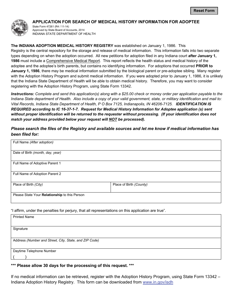 State Form 47261 Application for Search of Medical History Information for Adoptee - Indiana, Page 1
