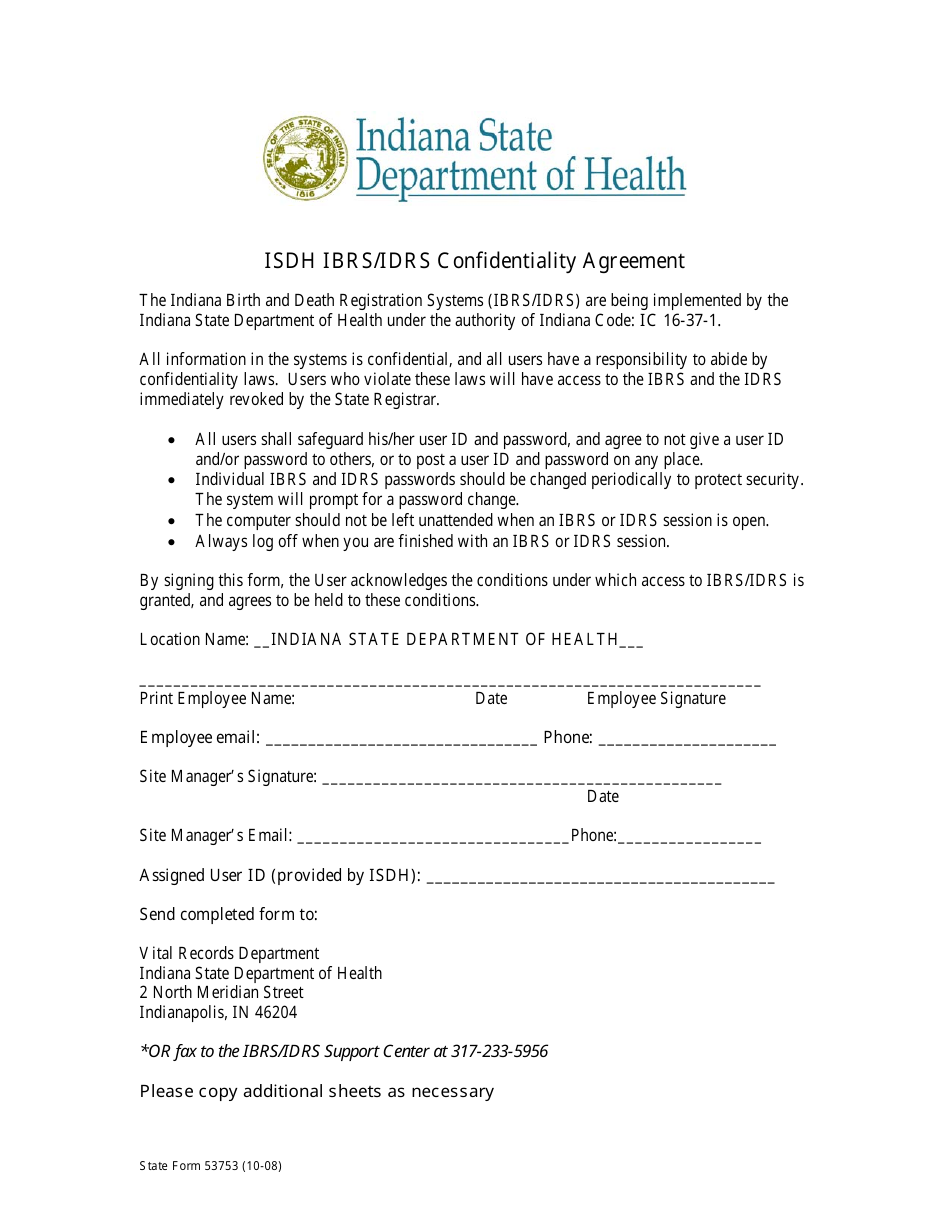 State Form 53753 Isdh Ibrs / Idrs Confidentiality Agreement - Indiana, Page 1
