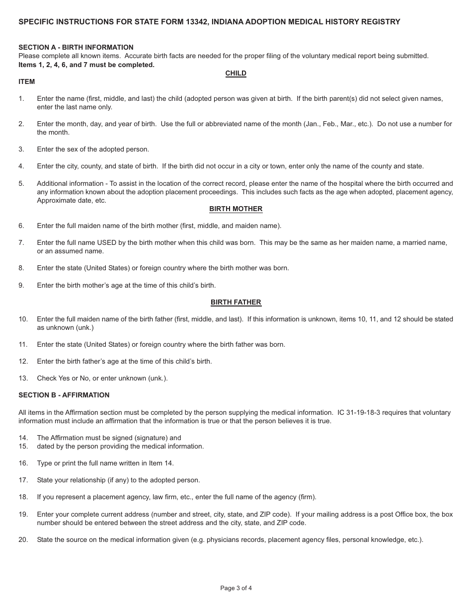 State Form 13342 Indiana Adoption Medical History Registry - Indiana, Page 3
