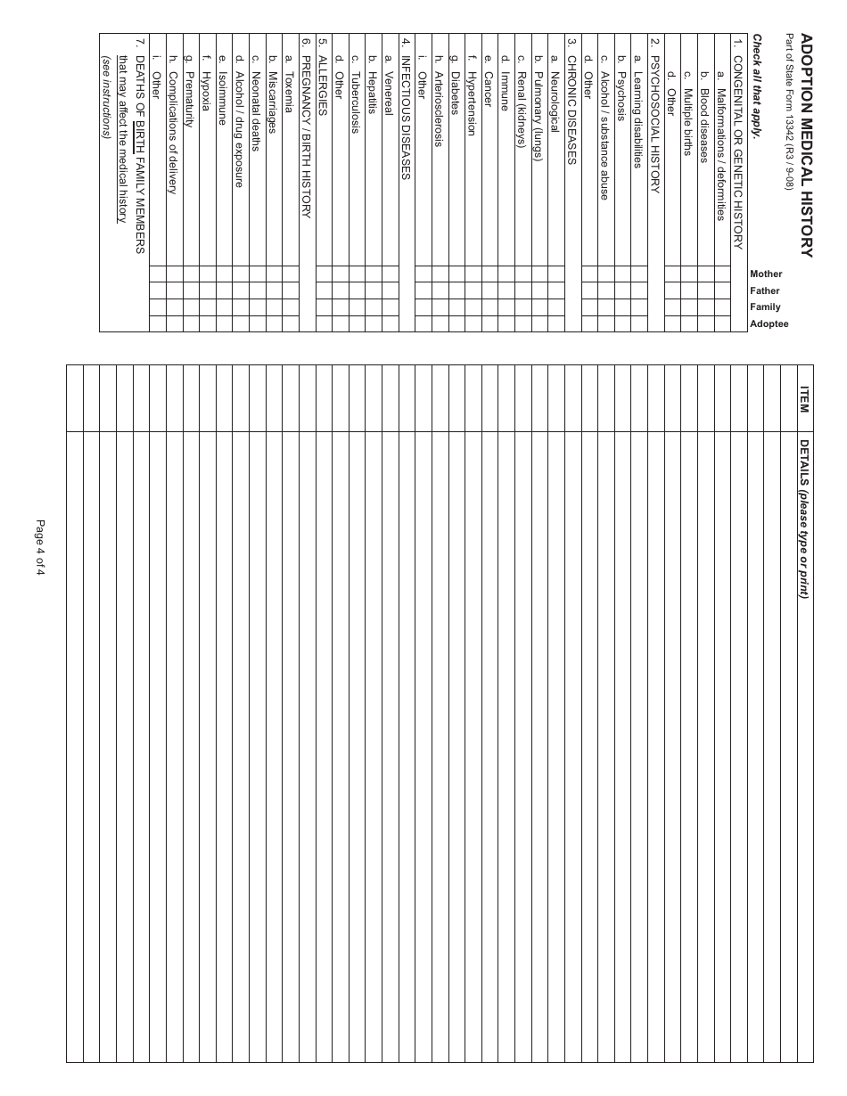 State Form 13342 Indiana Adoption Medical History Registry - Indiana, Page 4