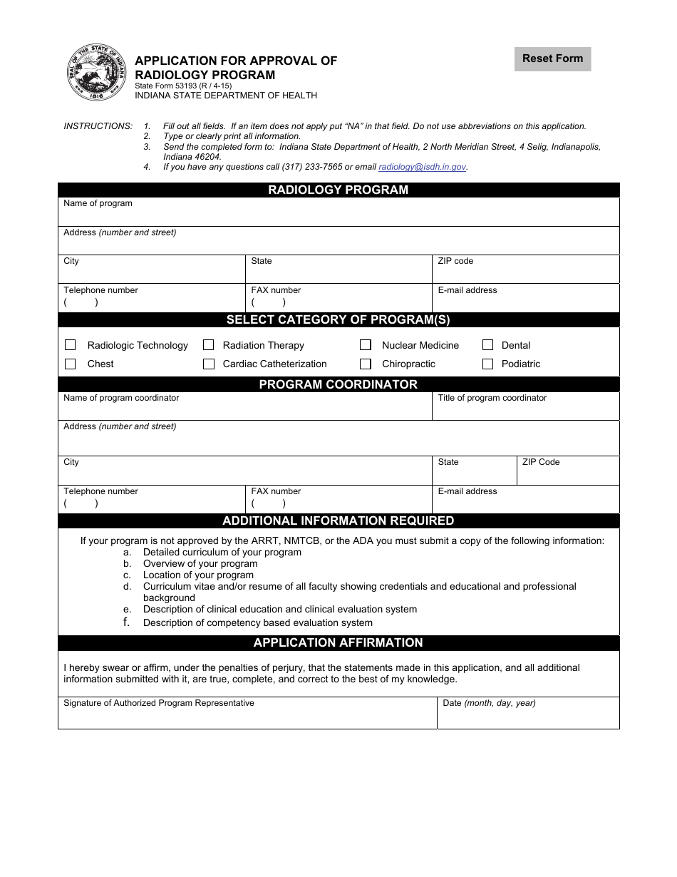 State Form 53193 Application for Approval of Radiology Program - Indiana, Page 1