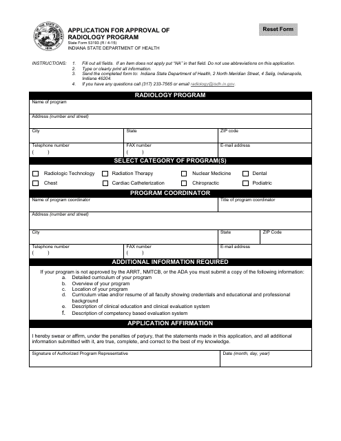 State Form 53193 Application for Approval of Radiology Program - Indiana