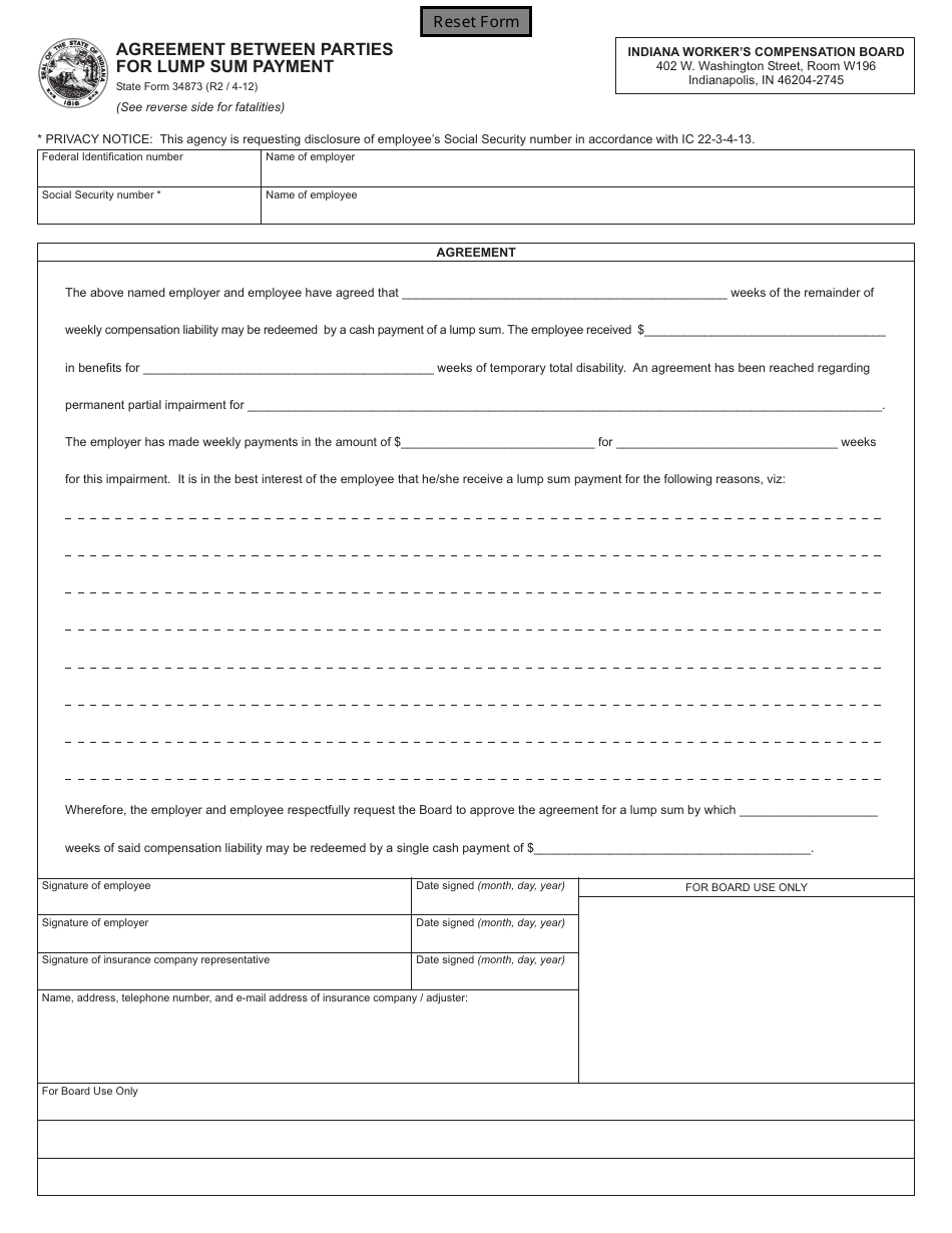 State Form 34873 Agreement Between Parties for Lump Sum Payment - Indiana, Page 1