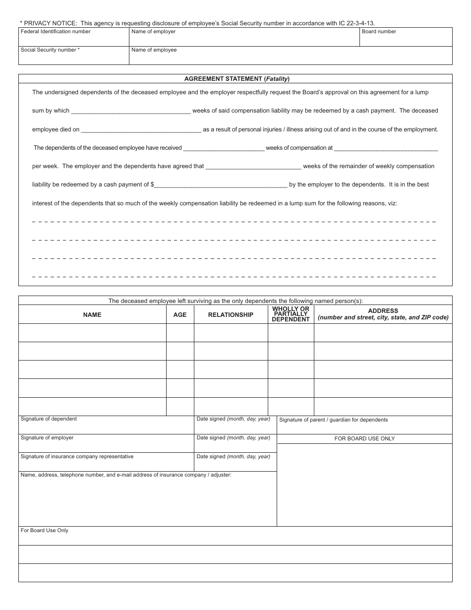 State Form 34873 Agreement Between Parties for Lump Sum Payment - Indiana, Page 2