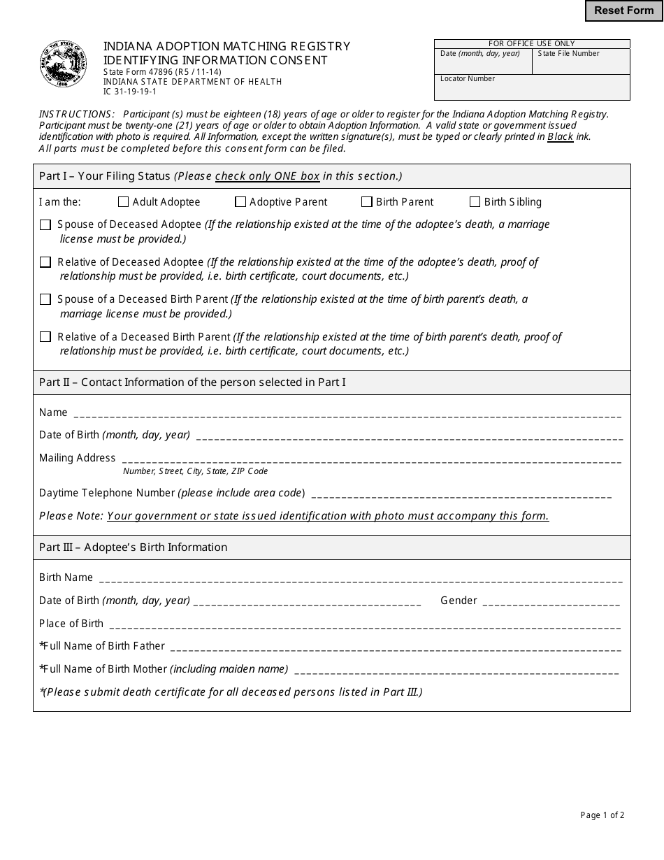 State Form 47896 Indiana Adoption Matching Registry Identifying Information Consent - Indiana, Page 1