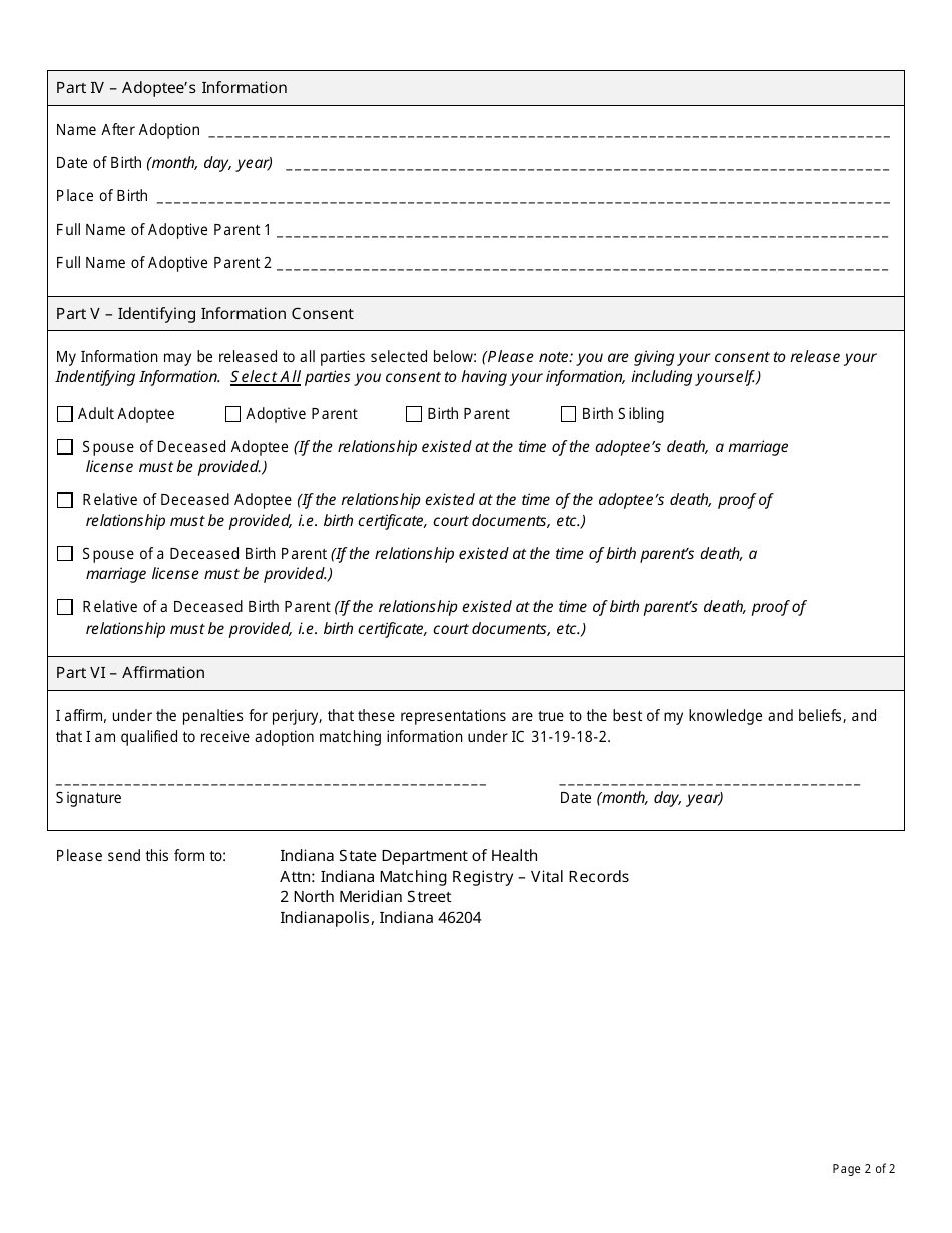 State Form 47896 Indiana Adoption Matching Registry Identifying Information Consent - Indiana, Page 2