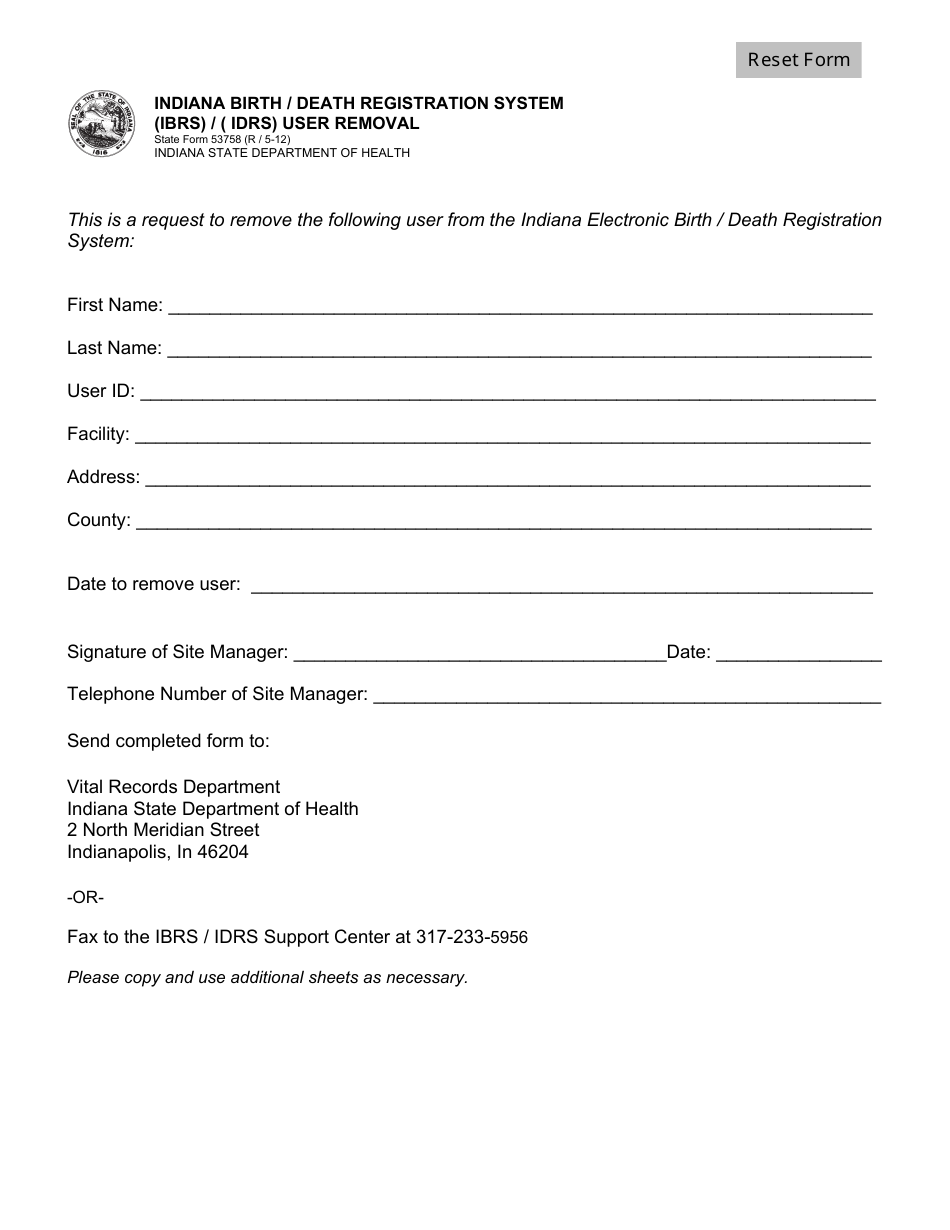 State Form 53758 Indiana Birth / Death Registration System (Ibrs) / ( Idrs) User Removal - Indiana, Page 1