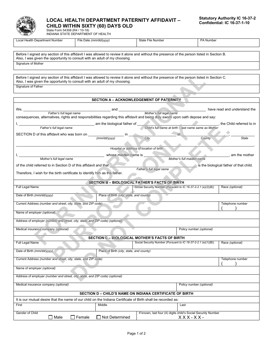 State Form 54308 Local Health Department Paternity Affidavit - Child Within Sixty (60) Days Old - Indiana, Page 1