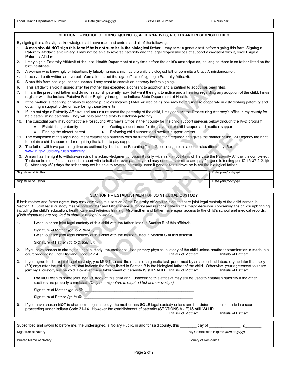 State Form 54308 Local Health Department Paternity Affidavit - Child Within Sixty (60) Days Old - Indiana, Page 2