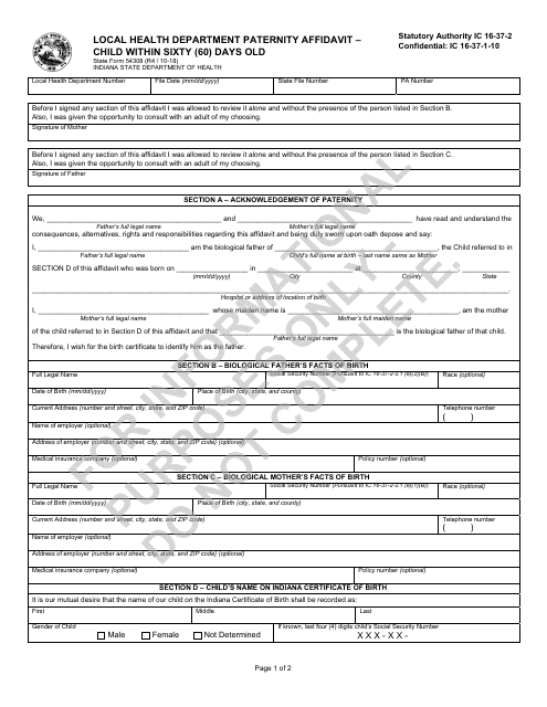 State Form 54308 Local Health Department Paternity Affidavit - Child Within Sixty (60) Days Old - Indiana