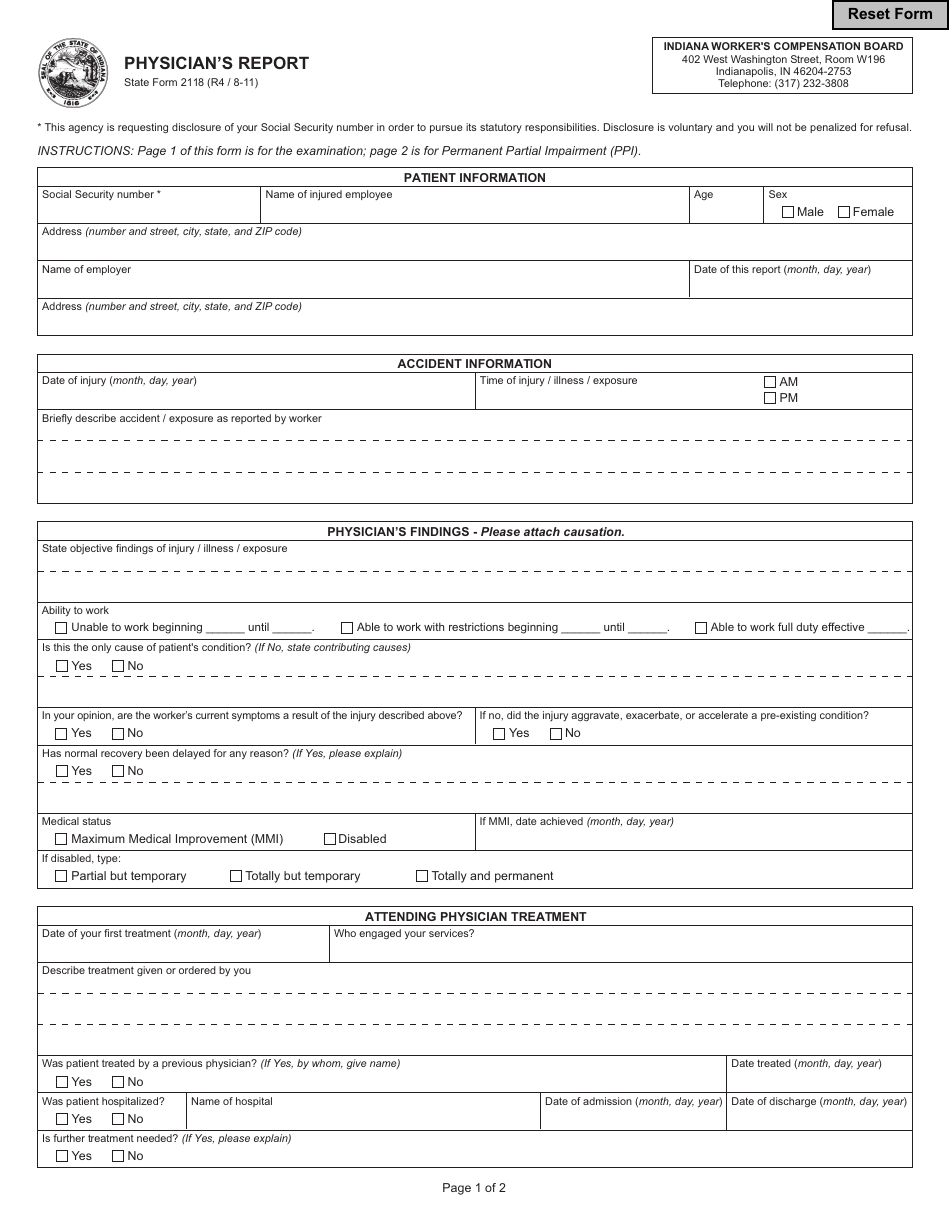 State Form 2118 Physicians Report - Indiana, Page 1