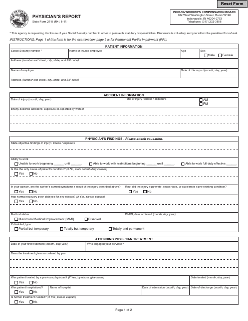 State Form 2118 Physician's Report - Indiana