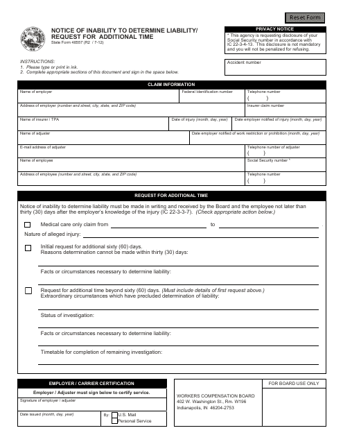 State Form 48557 Notice of Inability to Determine Liability/ Request for Additional Time - Indiana