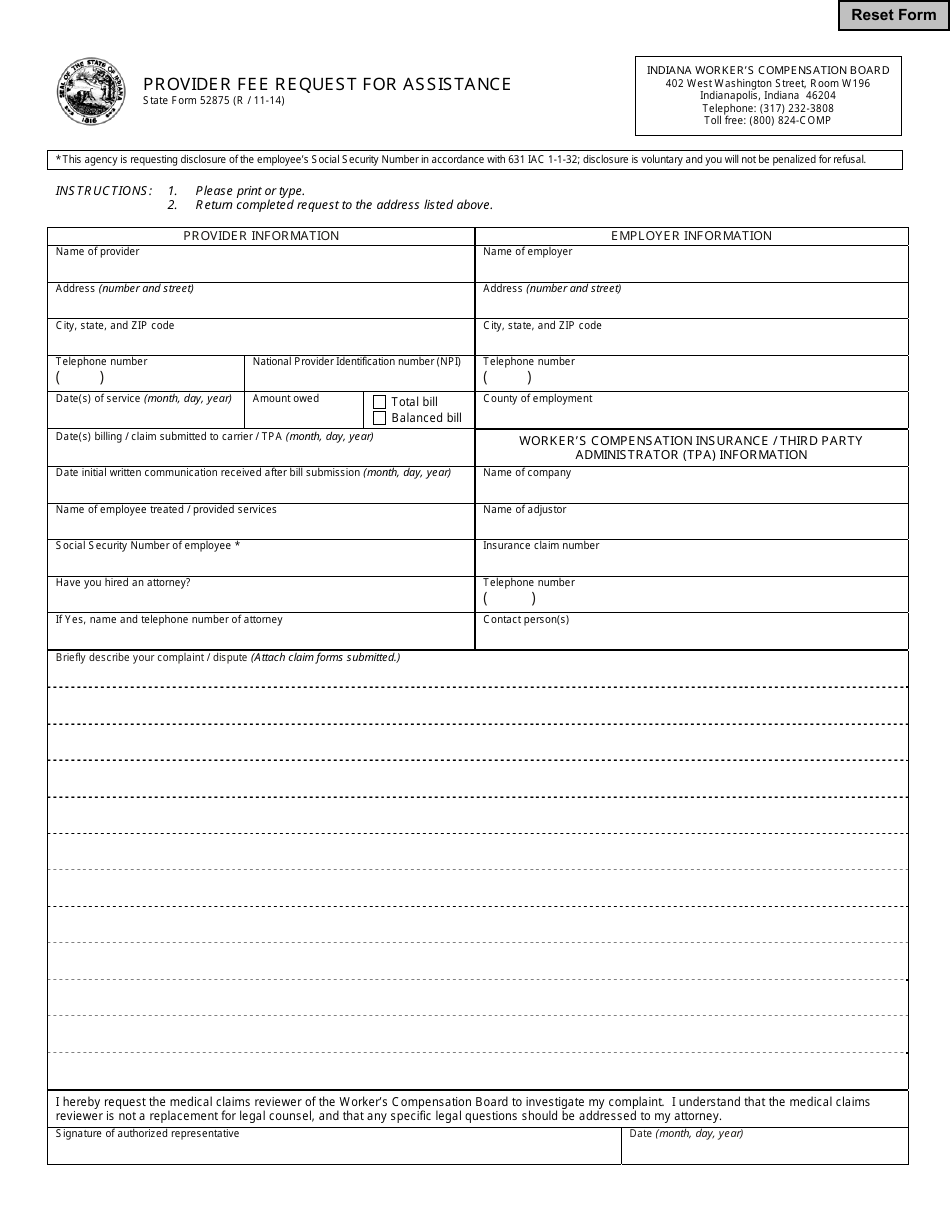 State Form 52875 Provider Fee Request for Assistance - Indiana, Page 1
