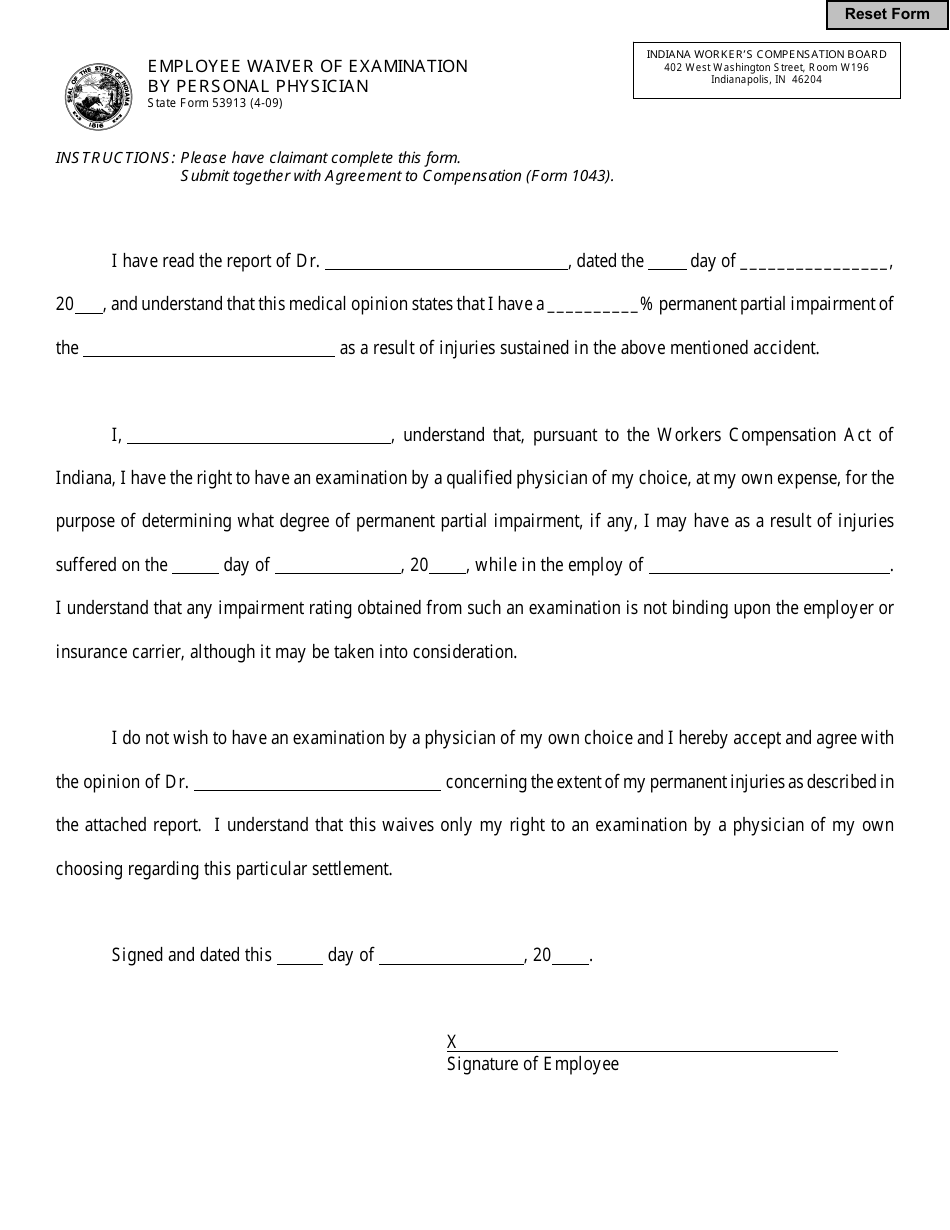 State Form 53913 Employee Waiver of Examination by Personal Physician - Indiana, Page 1