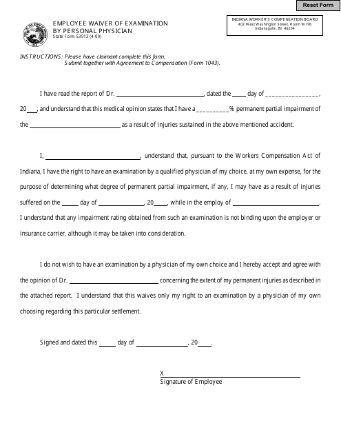 State Form 53913 Employee Waiver of Examination by Personal Physician - Indiana