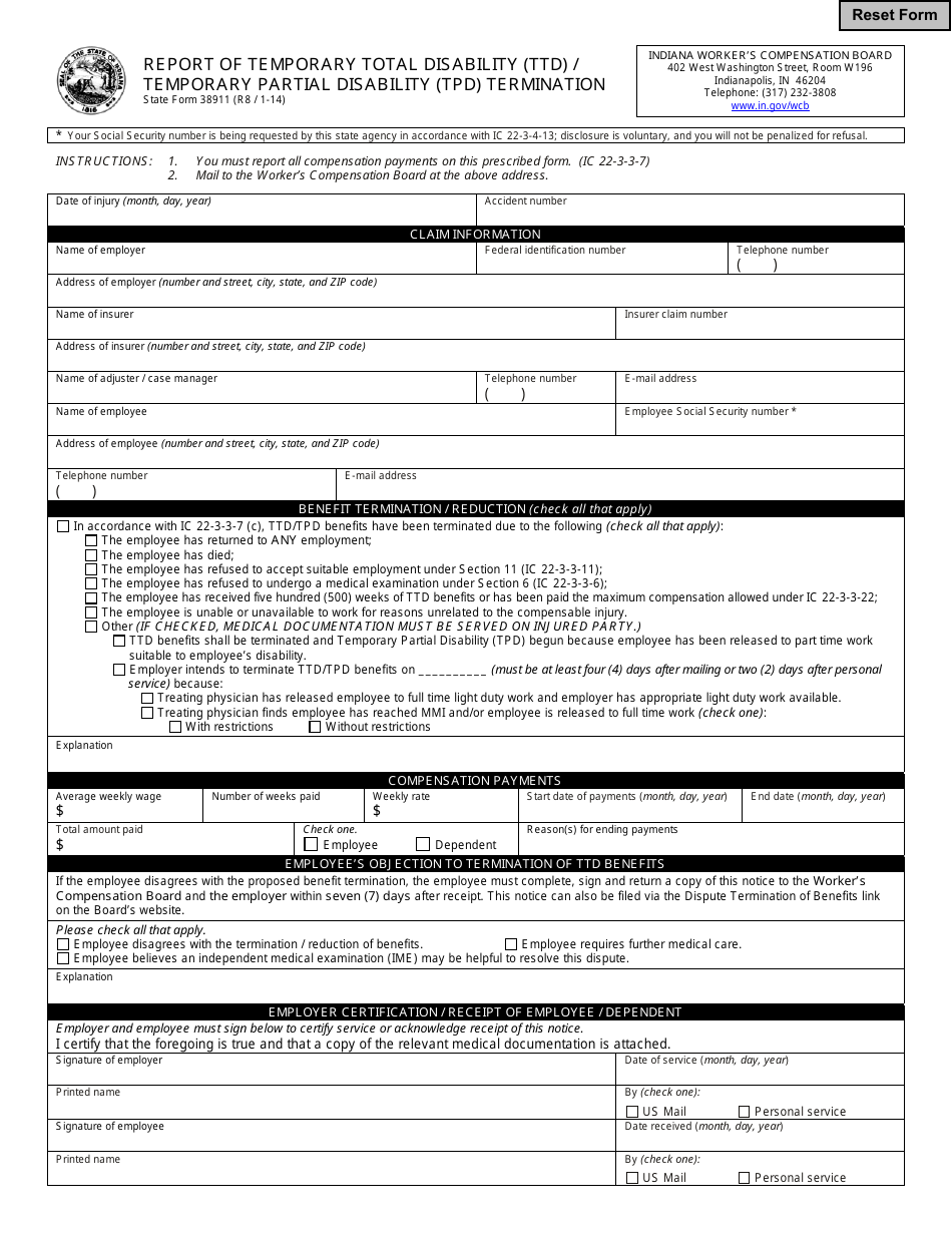 State Form 38911 Report of Temporary Total Disability (Ttd) / Temporary Partial Disability (Tpd) Termination - Indiana, Page 1