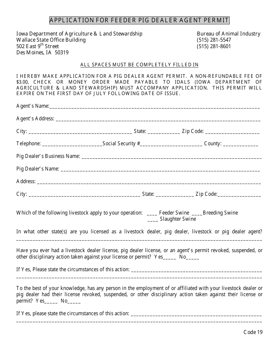 Application for Feeder Pig Dealer Agent Permit - Iowa, Page 1