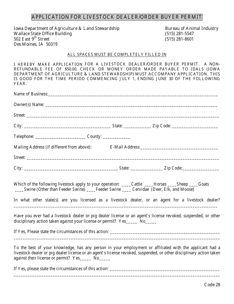 Application for Livestock Dealer / Order Buyer Permit - Iowa, Page 1