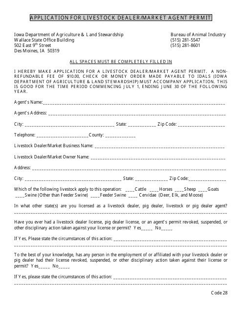 Application for Livestock Dealer / Market Agent Permit - Iowa Download Pdf