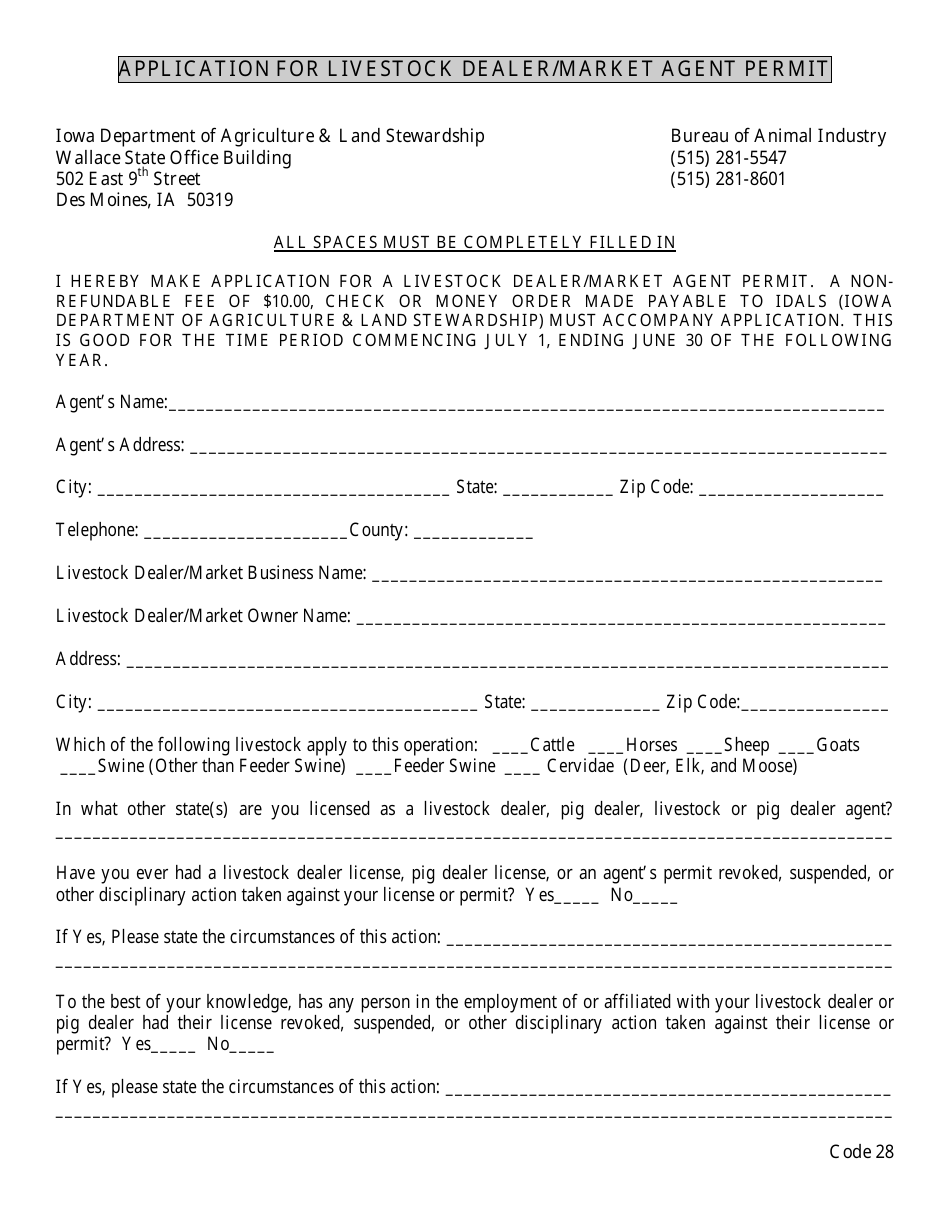 Application for Livestock Dealer / Market Agent Permit - Iowa, Page 1