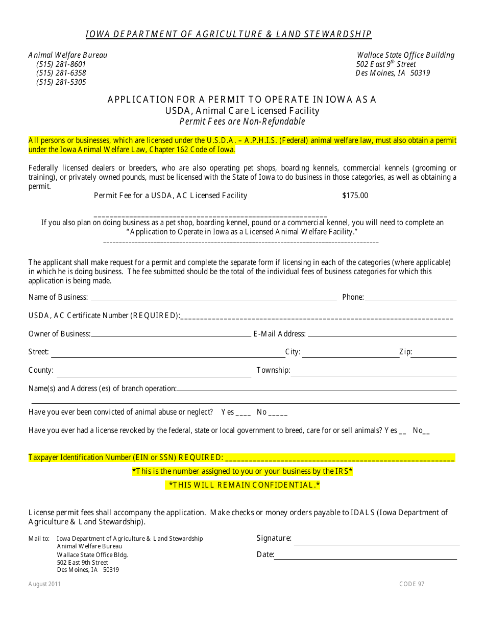 Iowa Application for a Permit to Operate in Iowa as a Usda, Animal Care  Licensed Facility Download Fillable PDF | Templateroller