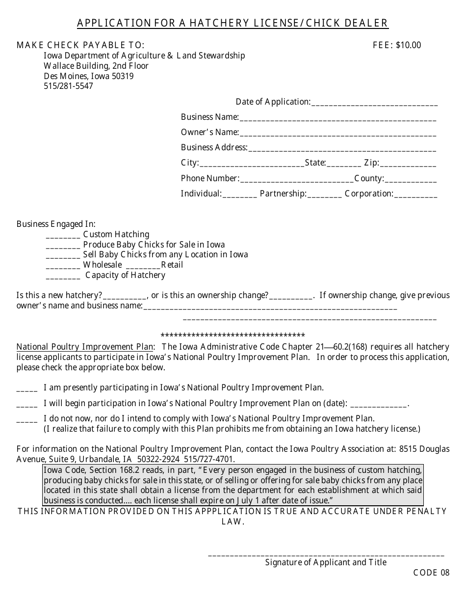 Application for a Hatchery License / Chick Dealer - Iowa, Page 1