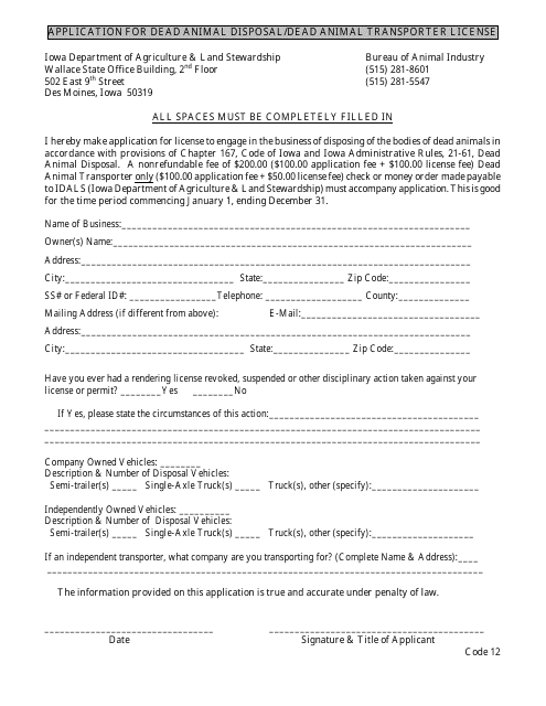 Application for Dead Animal Disposal / Dead Animal Transporter License - Iowa Download Pdf