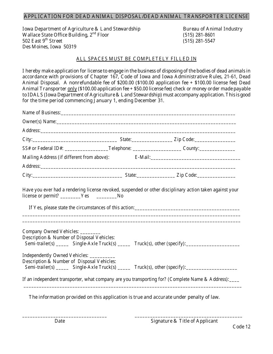 Application for Dead Animal Disposal / Dead Animal Transporter License - Iowa, Page 1