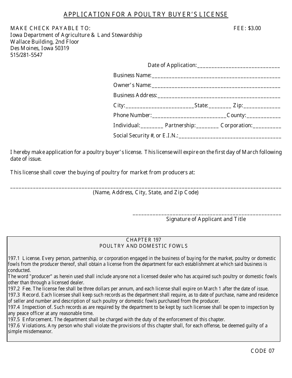 Application for a Poultry Buyers License - Iowa, Page 1