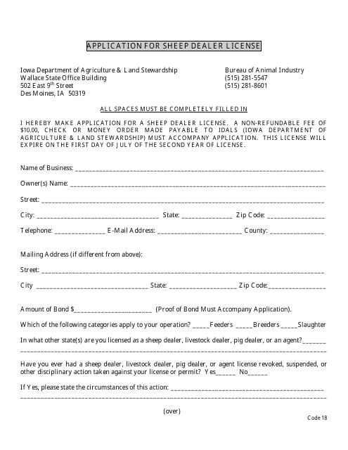 Application for Sheep Dealer License - Iowa Download Pdf
