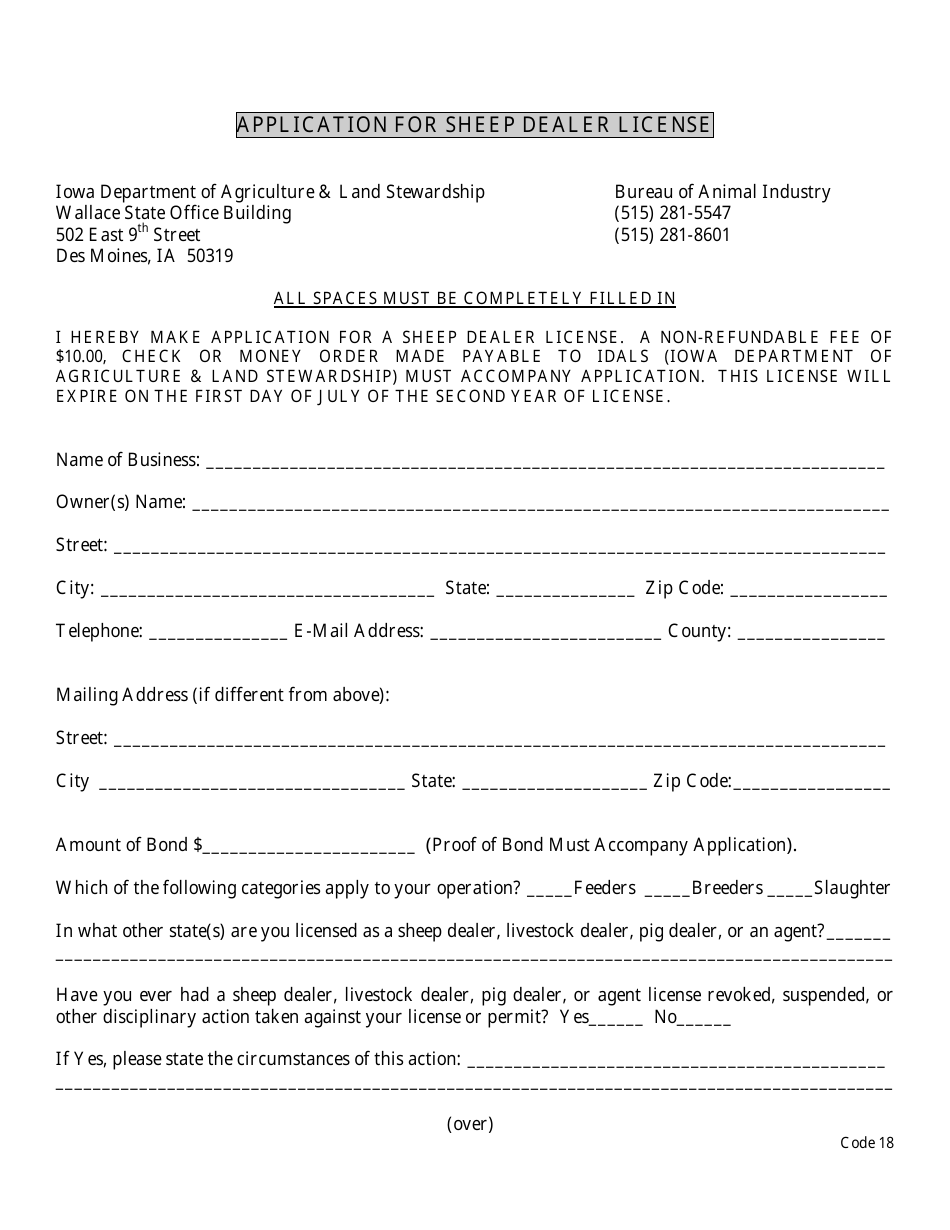 Application for Sheep Dealer License - Iowa, Page 1