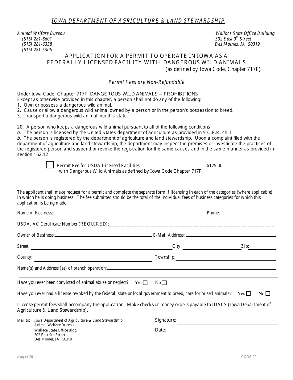 Application for a Permit to Operate in Iowa as a Federally Licensed Facility With Dangerous Wild Animals - Iowa, Page 1