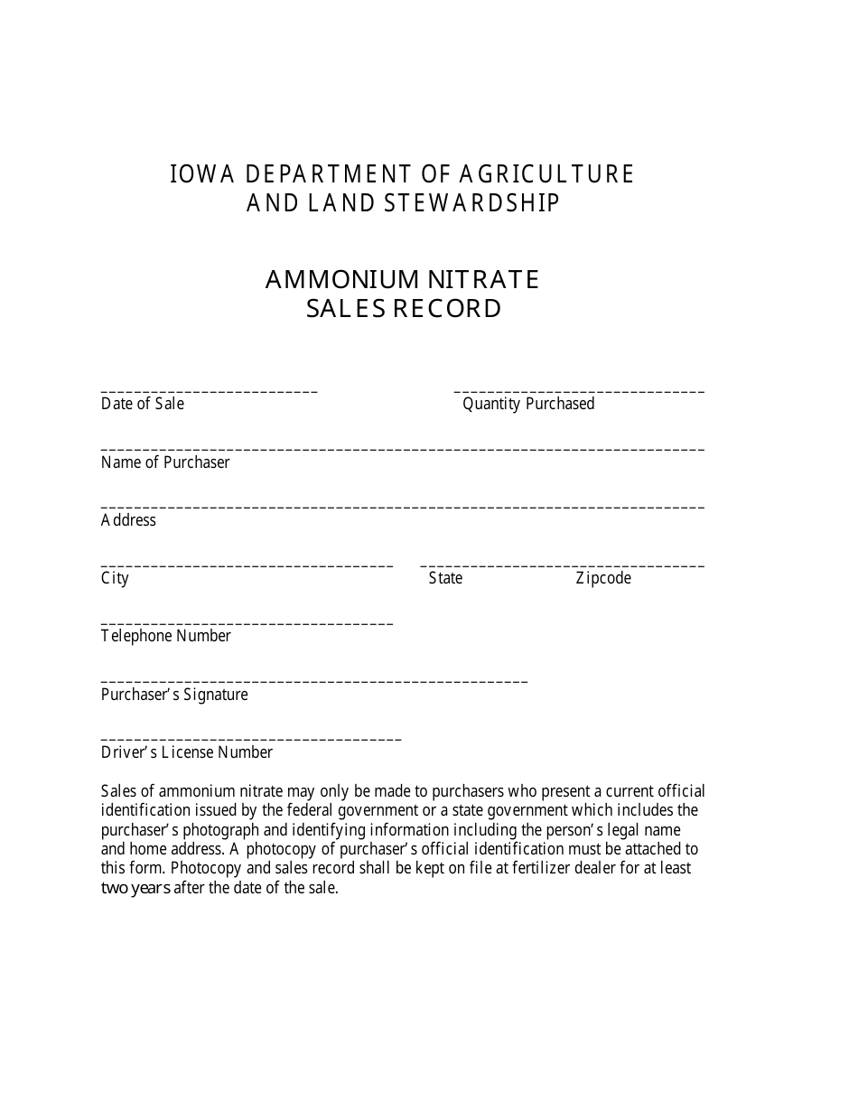 Ammonium Nitrate Sales Record Form - Iowa, Page 1
