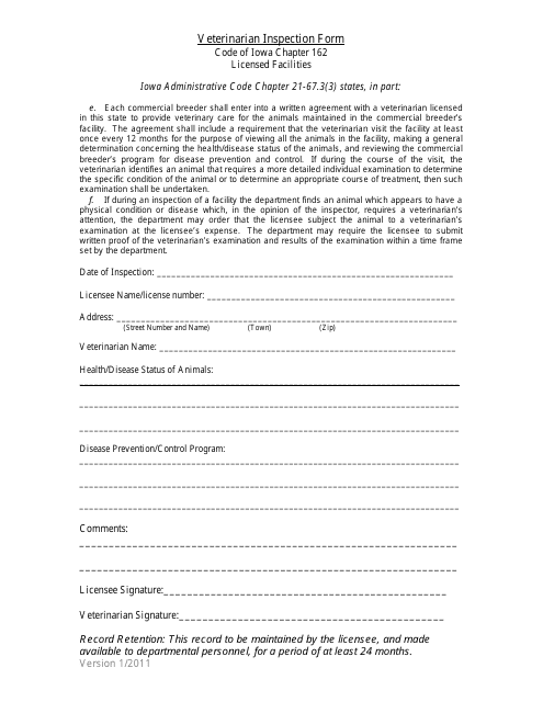 Veterinarian Inspection Form - Iowa
