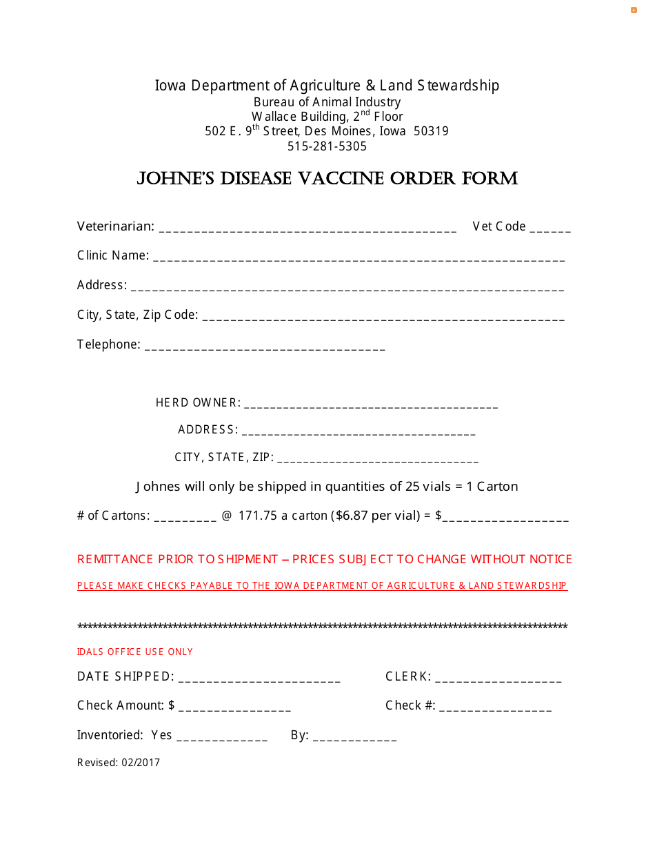 Johnes Disease Vaccine Order Form - Iowa, Page 1