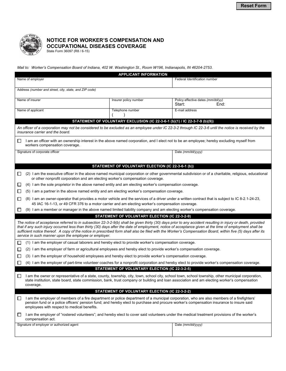 State Form 36097 Notice for Workers Compensation and Occupational Diseases Coverage - Indiana, Page 1