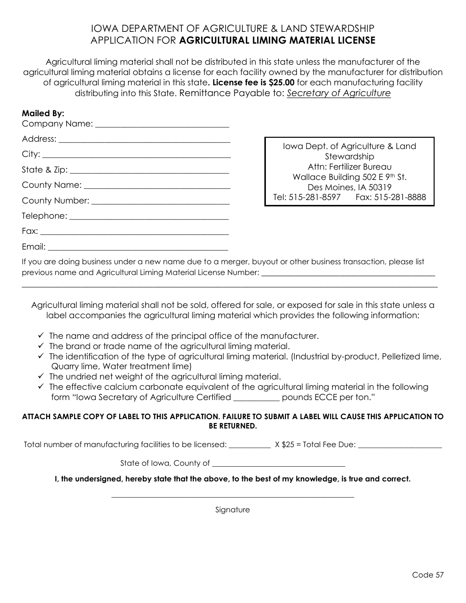 Application for Agricultural Liming Material License - Iowa, Page 1
