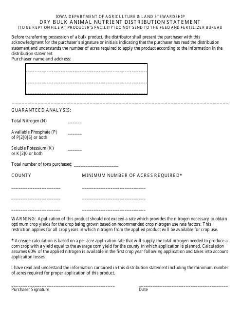 Iowa Dry Bulk Animal Nutrient Distribution Statement Form Download Fillable  PDF | Templateroller